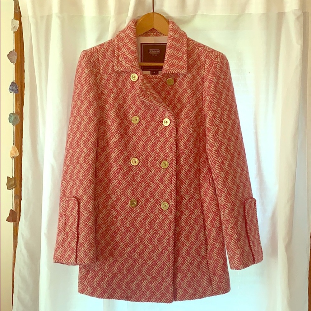Coach Pink/White Herringbone Pea Coat, size 8